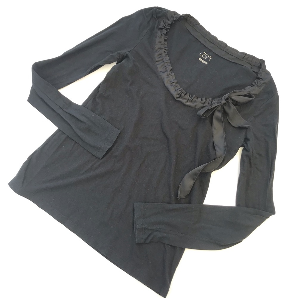 Ann Taylor LOFT Black Ribbon Bow Long Sleeve Top